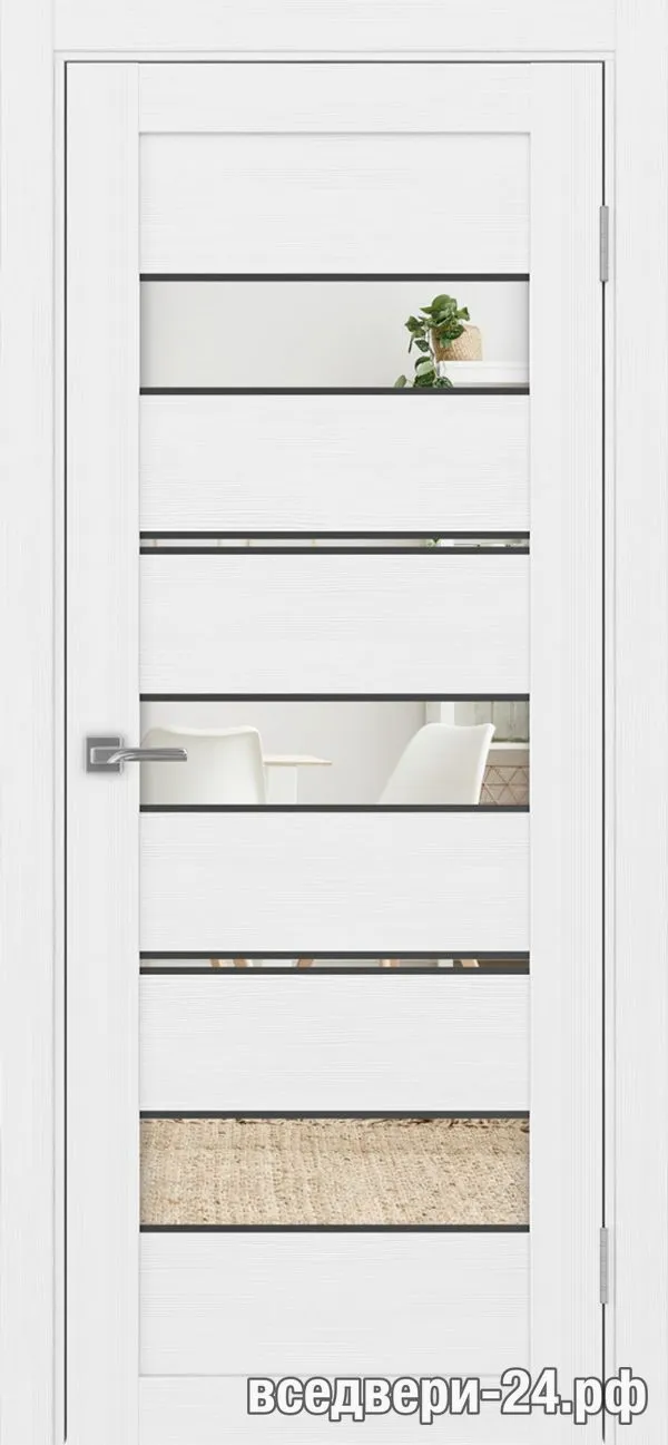 Дверь межкомнатная OPTIMA PORTE «Турин» 526АППmax.122 молдинг алюм.чёрн., Белый лёд